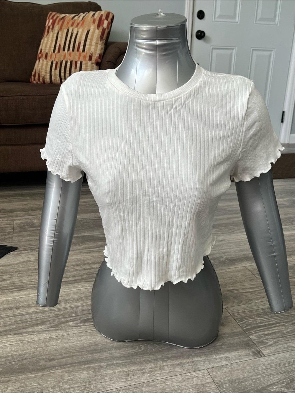 Women White Ribbed Lettuce-Edge Crop Top - Women